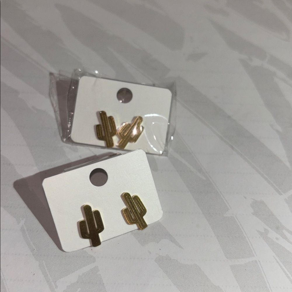 Cactus Saguaro shaped Gold Stainless Steel Earrings SET of 2